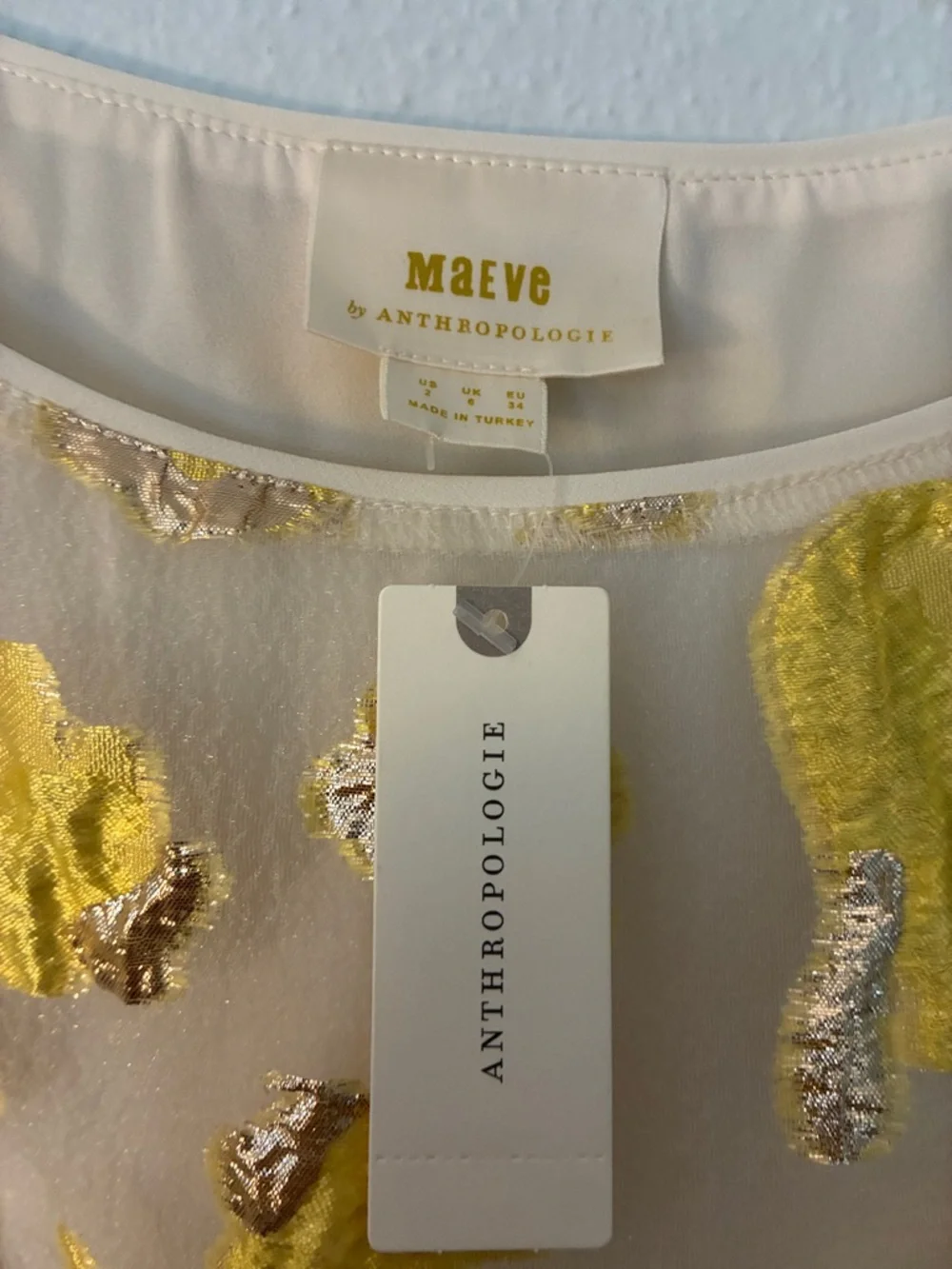 Anthropologie Sheer Cream Blouse with Metallic Gold Spots